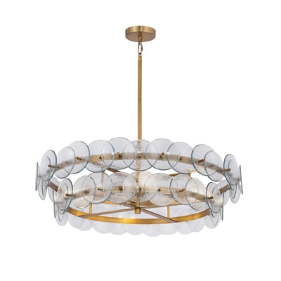 Maxim Lighting Loren Chandelier in Weathered Brass finish with Recycled Glass and Steel, featuring elegant curved arms and multiple light fixtures.