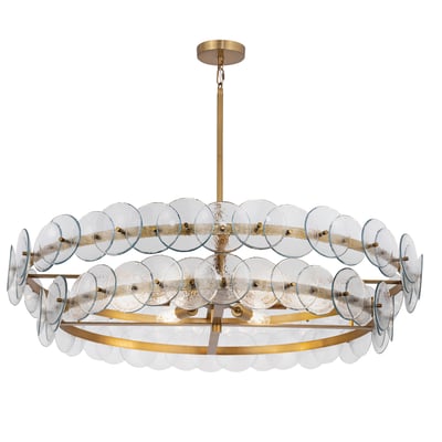 Maxim Lighting Loren Chandelier with a weathered brass finish, featuring recycled glass and steel elements, elegantly suspended in a modern setting.