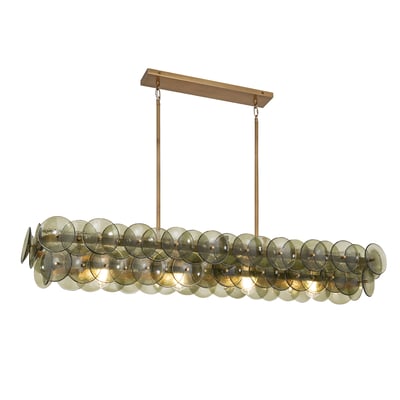 Maxim Lighting Loren Linear Chandelier with Weathered Brass finish, featuring Recycled Glass and Steel elements, elegantly suspended in a modern setting.