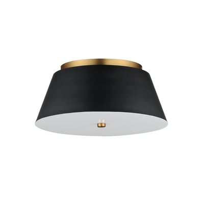 Maxim Lighting Miles Flush Mount in Black with Natural Aged Brass finish, featuring a sleek steel frame and acrylic diffuser, mounted on a ceiling.