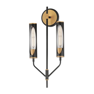 Maxim Lighting Regent Wall Sconce in Black with Antique Brass finish, featuring a sleek steel frame and glass shade, mounted on a wall.