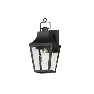 Maxim Lighting Storybook Outdoor Wall Sconce in Black Aluminum with Glass panels, featuring a classic lantern design mounted on a wall.
