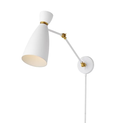 Maxim Lighting Carillon Articulating Wall Sconce in White with Satin Brass, made of durable aluminum and steel.