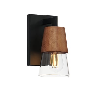 Maxim Lighting Carpenter Bathroom Vanity Light in Walnut with Black finish, featuring steel, glass, and wood materials.