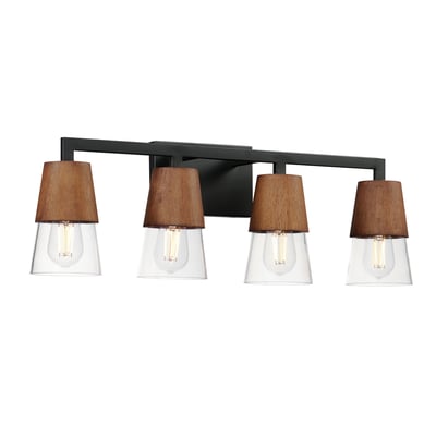 Maxim Lighting Carpenter Bathroom Vanity Light in Walnut with Black finish, featuring steel, glass, and wood materials.