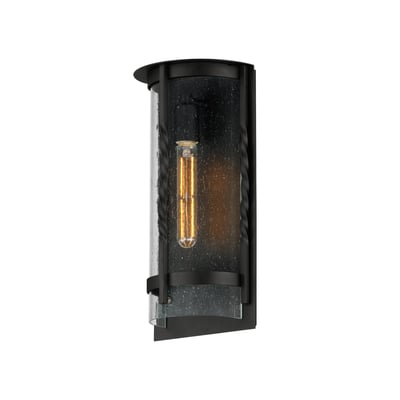 Maxim Lighting Foundry Outdoor Wall Sconce in Black finish, featuring a sleek steel frame with a clear glass shade, mounted on a wall.