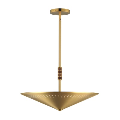 Maxim Lighting Helsinki Pendant in Natural Aged Brass finish, featuring a sleek design with Steel and Wood elements, hanging elegantly from the ceiling.