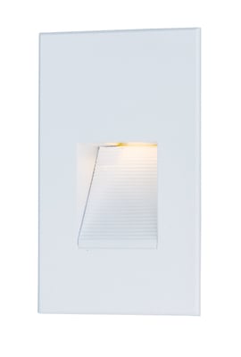 Maxim Lighting Path LED Vertical Step Light in White finish, featuring a sleek aluminum design, mounted on a wall, illuminating a stairway.