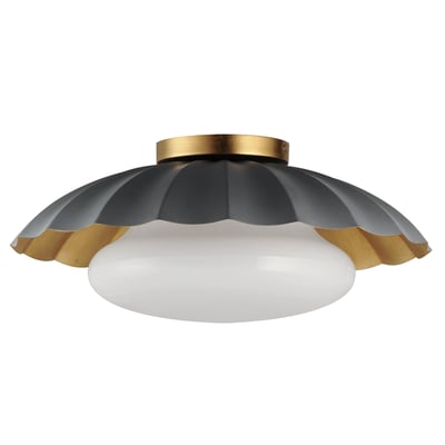 Primrose Flush Mount by Maxim Lighting features a dark grey steel frame with gold leaf accents and a glass shade, offering a modern and elegant design.