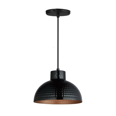 Maxim Lighting Rockport Pendant in Black with Antique Copper finish, featuring a steel frame and elegant design, hanging from a ceiling.