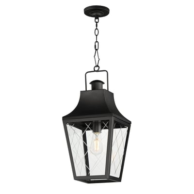 Maxim Lighting Storybook Outdoor Pendant in Black finish, featuring an Aluminum frame and Glass panels, hanging against a neutral background.