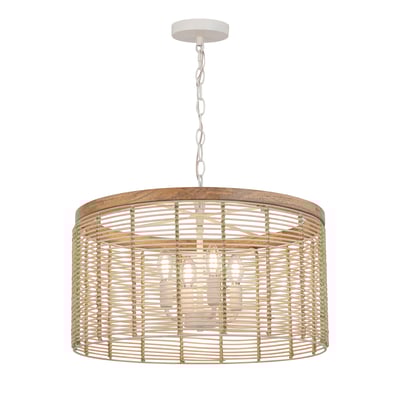 Maxim Lighting Vannerie Chandelier featuring a woven rattan design with ecru finish, suspended from a steel frame, creating a modern, natural look.