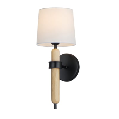Maxim Lighting Bozeman Wall Sconce in Natural Wood finish with Steel and Linen materials, perfect for stylish home decor.