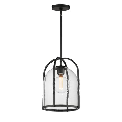 Maxim Lighting Foundry Outdoor Pendant in Black finish, featuring a Steel frame with Glass panels, hanging elegantly against a neutral background.
