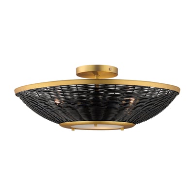 Maxim Lighting Rattan Wall Sconce/Semi Flush Mount in Natural Aged Brass finish, featuring Steel, Glass, and Synthetic Rattan materials.