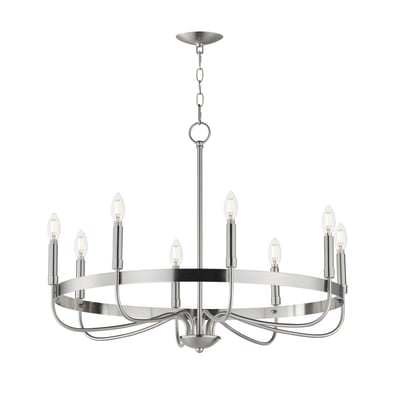 Maxim Lighting Frankie Chandelier in Satin Nickel finish, featuring a modern design with multiple steel arms and bulb fixtures, creating an elegant lighting centerpiece.
