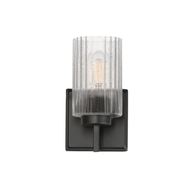 Maxim Lighting Rigata Wall Sconce with a sleek Black finish, featuring a Steel frame and Glass shade, elegantly mounted on a wall.