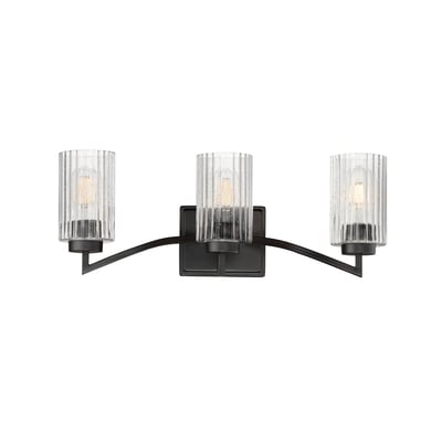 Maxim Lighting Rigata Bath Vanity features a sleek design with a black steel frame and clear glass shades, perfect for modern bathroom settings.