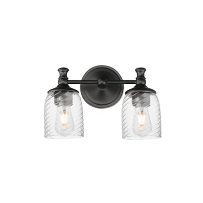 Maxim Lighting Swirl Bath Vanity features a sleek design with black steel accents and swirling glass shades, perfect for modern bathroom decor.