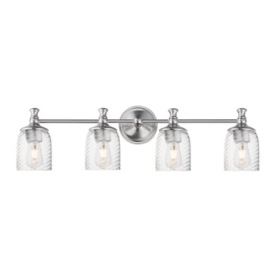 Maxim Lighting Swirl Bath Vanity with Satin Nickel finish features a sleek steel frame and elegant glass shades, perfect for modern bathroom decor.