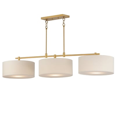 Maxim Lighting Bongo Linear Suspension in Natural Aged Brass, featuring steel, linen, and acrylic materials.