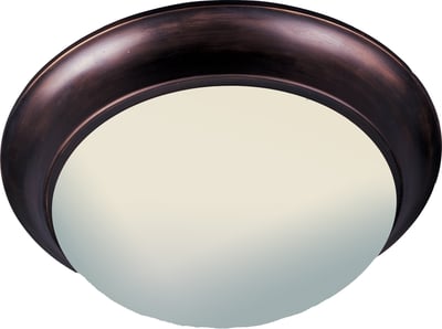 Maxim Lighting Essentials 585x Flush Mount with Oil Rubbed Bronze finish, featuring a sleek, circular design with a glass diffuser and steel frame.