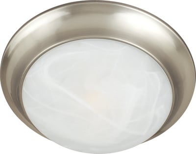 Maxim Lighting Essentials 585x Flush Mount in Satin Nickel finish with a sleek, round design featuring a glass shade and steel frame.