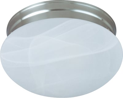 Maxim Lighting Essentials 588x Flush Mount in Satin Nickel finish, featuring a sleek, round design with a glass diffuser and steel frame.