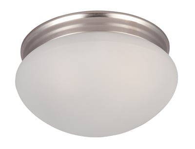 Maxim Lighting Essentials 588x Flush Mount in Satin Nickel finish with a sleek, round design featuring a frosted glass diffuser and steel base.