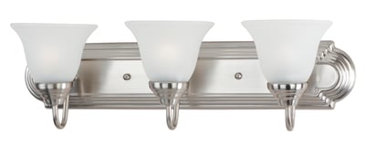 Maxim Lighting Essentials Bell Bathroom Vanity Light in Satin Nickel finish, featuring a sleek steel frame with bell-shaped glass shades.