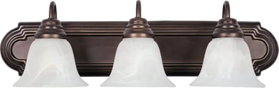 Maxim Lighting Essentials Bell Bathroom Vanity Light with Oil Rubbed Bronze finish, featuring steel construction and glass bell-shaped shades.