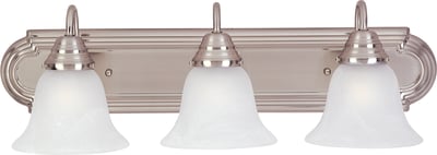Maxim Lighting Essentials Bell Bathroom Vanity Light with Satin Nickel finish, featuring three steel and glass bell-shaped shades mounted on a sleek bar.