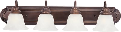 Maxim Lighting Essentials Bell Bathroom Vanity Light in Oil Rubbed Bronze finish, featuring a steel frame and glass shades, mounted on a bathroom wall.