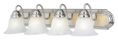 Maxim Lighting Essentials Bell Bathroom Vanity Light in Satin Nickel finish, featuring a steel frame and glass bell-shaped shades.