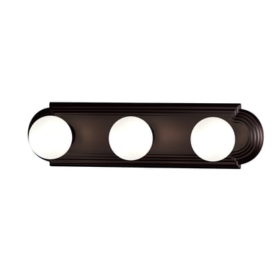 Image of Maxim Lighting's Essentials Racetrack Bathroom Vanity Light in Oil Rubbed Bronze finish, featuring a sleek steel design with three glass shades.