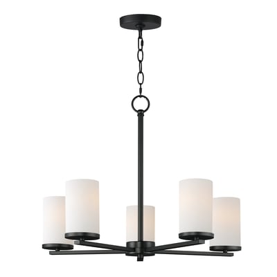 Maxim Lighting Lateral Chandelier with a sleek black finish, featuring a modern design of steel and glass elements, elegantly suspended.