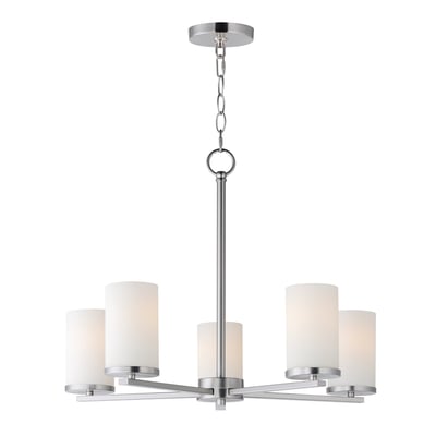Maxim Lighting Lateral Chandelier in Satin Nickel finish, featuring a modern design with steel and glass elements, elegantly suspended from the ceiling.