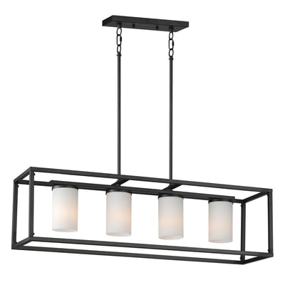 Maxim Lighting Lateral Linear Suspension: Sleek black steel frame with glass accents, featuring a modern, elongated design for contemporary spaces.