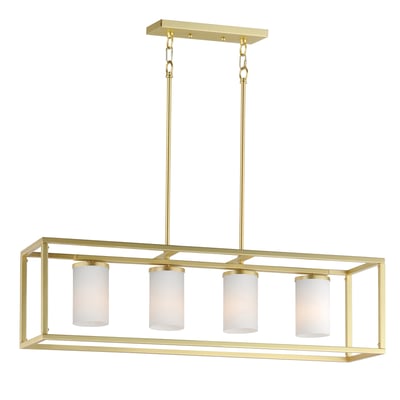 Maxim Lighting Lateral Linear Suspension in Satin Brass finish, featuring a sleek steel and glass design, elegantly hanging above a modern dining area.