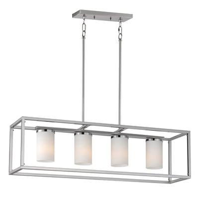 Maxim Lighting Lateral Linear Suspension in Satin Nickel finish, featuring a sleek steel and glass design, elegantly hanging in a modern interior setting.