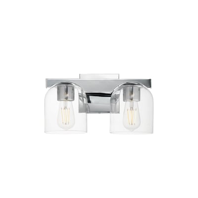 Maxim Lighting Scoop Bathroom Vanity Light in Polished Chrome finish, featuring a sleek design with steel and glass elements, mounted above a bathroom mirror.
