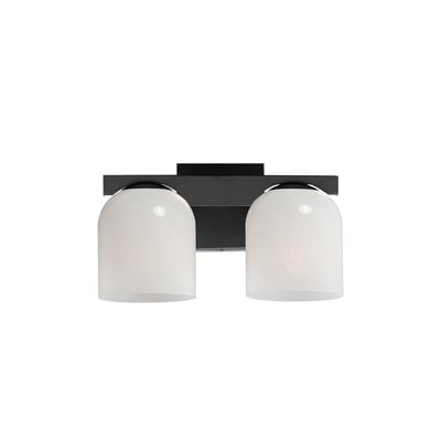 Maxim Lighting Scoop Bathroom Vanity Light with a sleek black finish, featuring a steel frame and glass shades, elegantly illuminates the space.