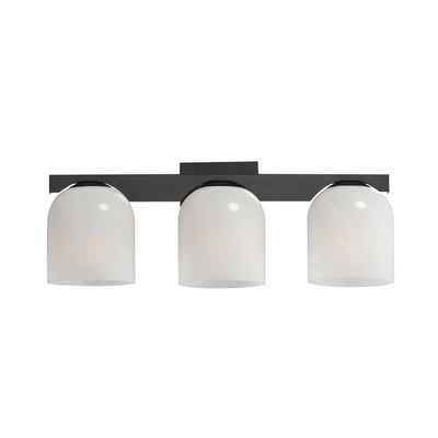 Maxim Lighting Scoop Bathroom Vanity Light with a sleek black steel frame and frosted glass shades, elegantly illuminating a modern bathroom setting.