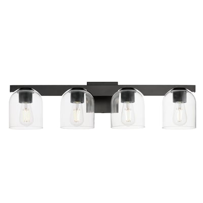 Maxim Lighting Scoop Bathroom Vanity Light with a sleek black steel frame and frosted glass shades, elegantly illuminating a modern bathroom setting.