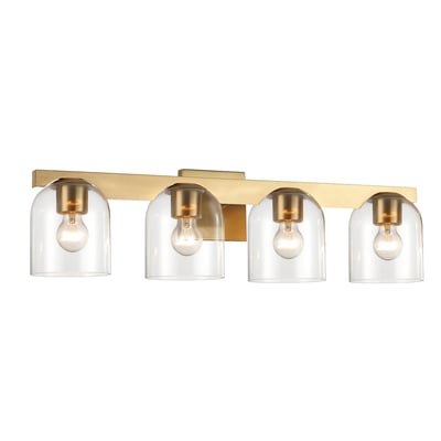 Maxim Lighting Scoop Bathroom Vanity Light in Natural Aged Brass finish, featuring a sleek steel frame with glass shades, elegantly illuminates the space.