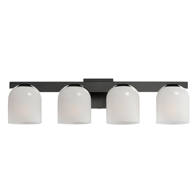 Maxim Lighting Scoop Bathroom Vanity Light features a sleek black steel frame with three frosted glass shades, perfect for modern bathroom decor.