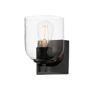 Maxim Lighting Scoop Bathroom Wall Sconce features a sleek black steel frame with a curved glass shade, providing modern elegance to any bathroom.