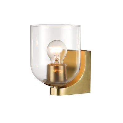 Maxim Lighting Scoop Bathroom Wall Sconce in Natural Aged Brass finish, featuring a sleek steel and glass design with a modern, minimalist aesthetic.