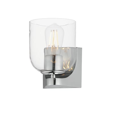 Maxim Lighting Scoop Bathroom Wall Sconce in polished chrome finish, featuring a sleek steel frame with a curved glass shade for a modern touch.