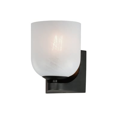 Maxim Lighting Scoop Bathroom Wall Sconce in Black finish with a Steel frame and Glass shade, mounted on a bathroom wall, emitting soft, ambient light.